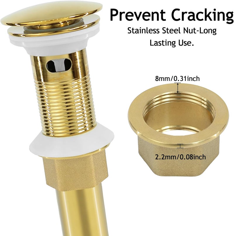 Rackickyer Bathroom Sink Drain, Gold Drain Stopper Bathroom Sink with Overflow,Pop Up Drain Assembly with Detachable Strainer Basket,Built-in Anti-Clogging Strainer,Stainless Steel Gold - Image 4